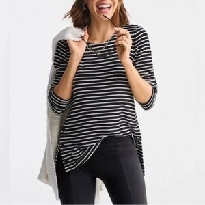 CAbi Side Snap Tee. Blackand White Striped Women's Top